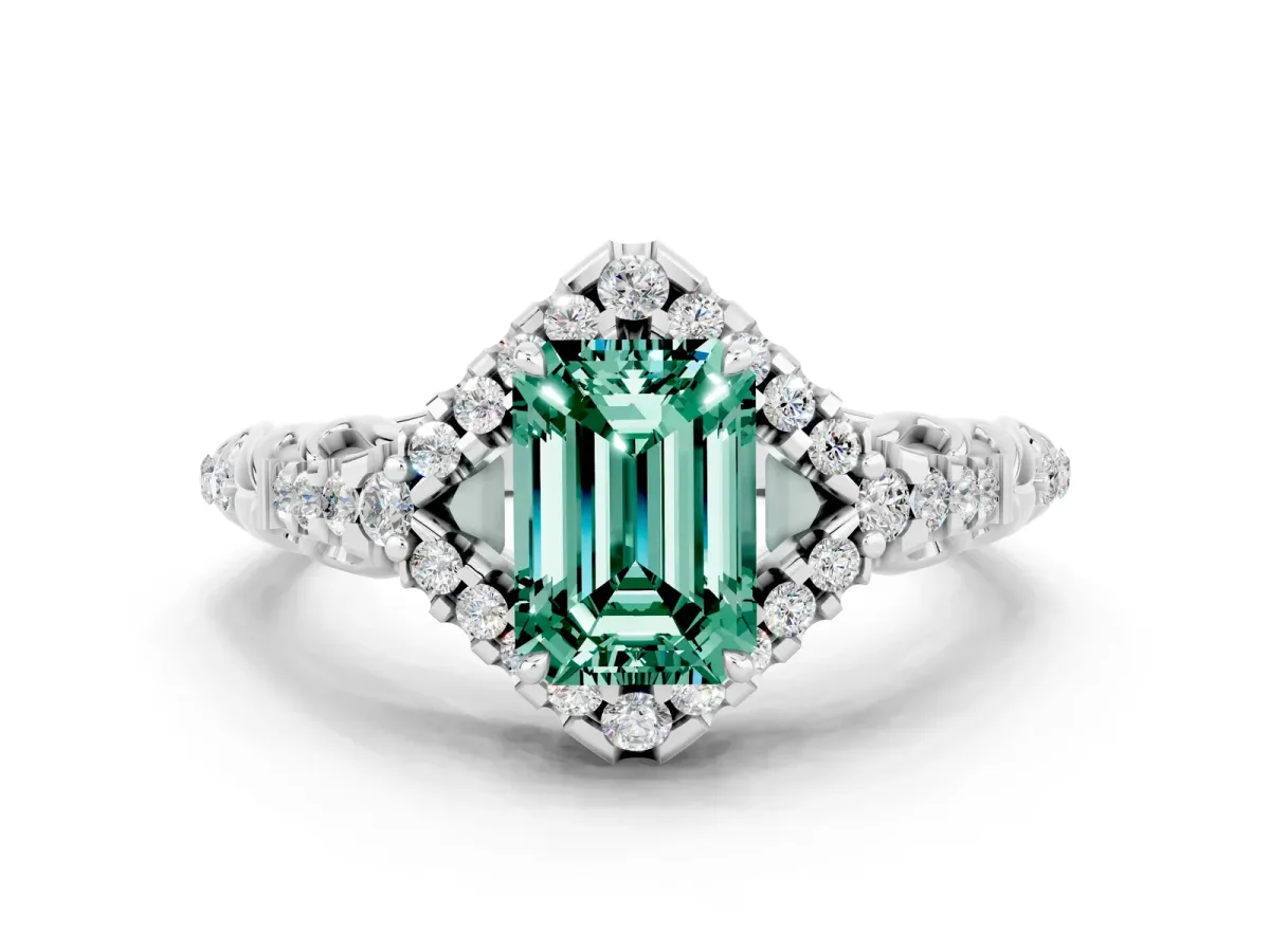 Emerald Cut Green Sapphire Solitaire Ring with Hidden Halo and Pavé Band White gold