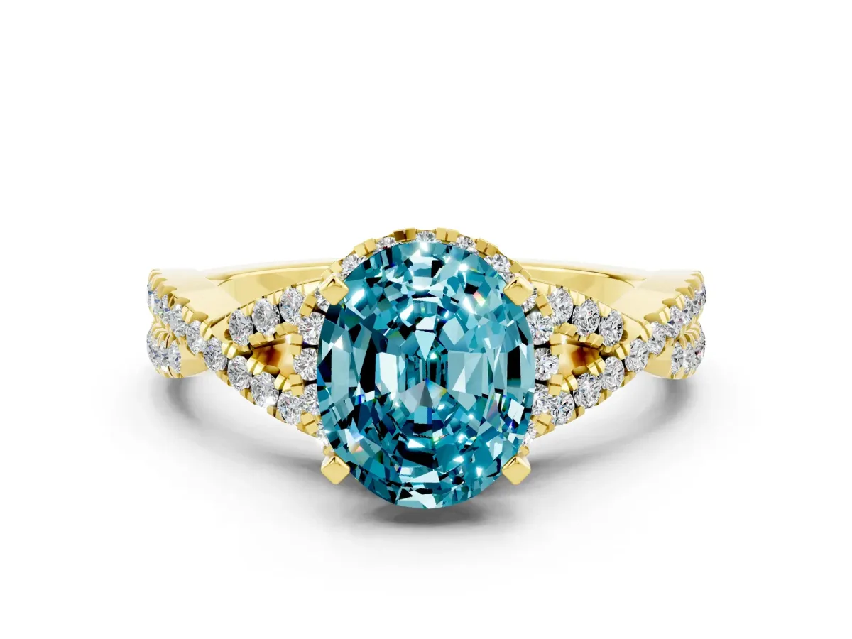 Oval Cut Blue Topaz Halo Twist Band Solitaire Prong Setting Ring Yellow gold