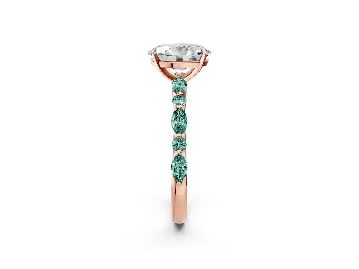 Oval Cut Diamond Ring with Marquise and Round Green Sapphire Side Stones and Four-Prong Setting Rose gold