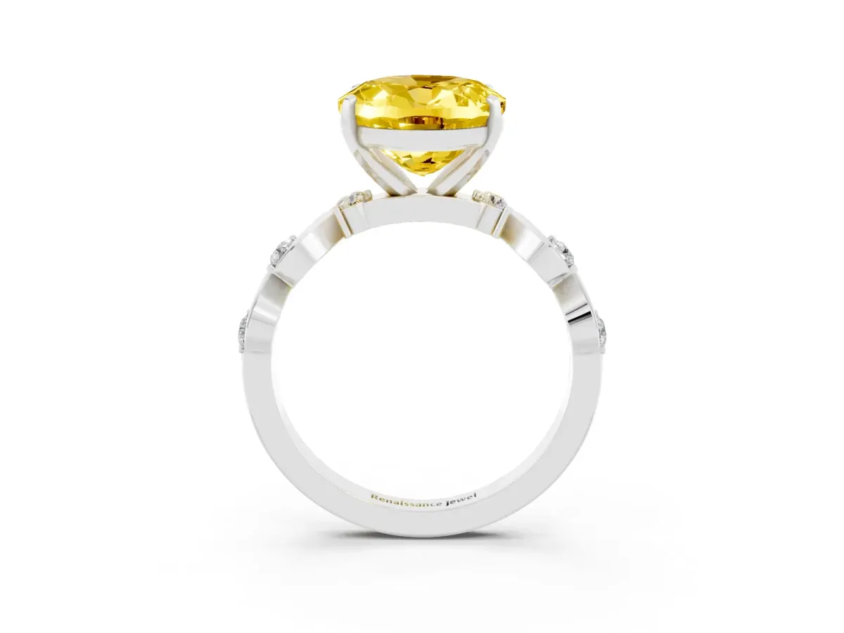 Oval Cut Yellow Sapphire Solitaire Twisted Band with Round Accents and Prong Setting White gold