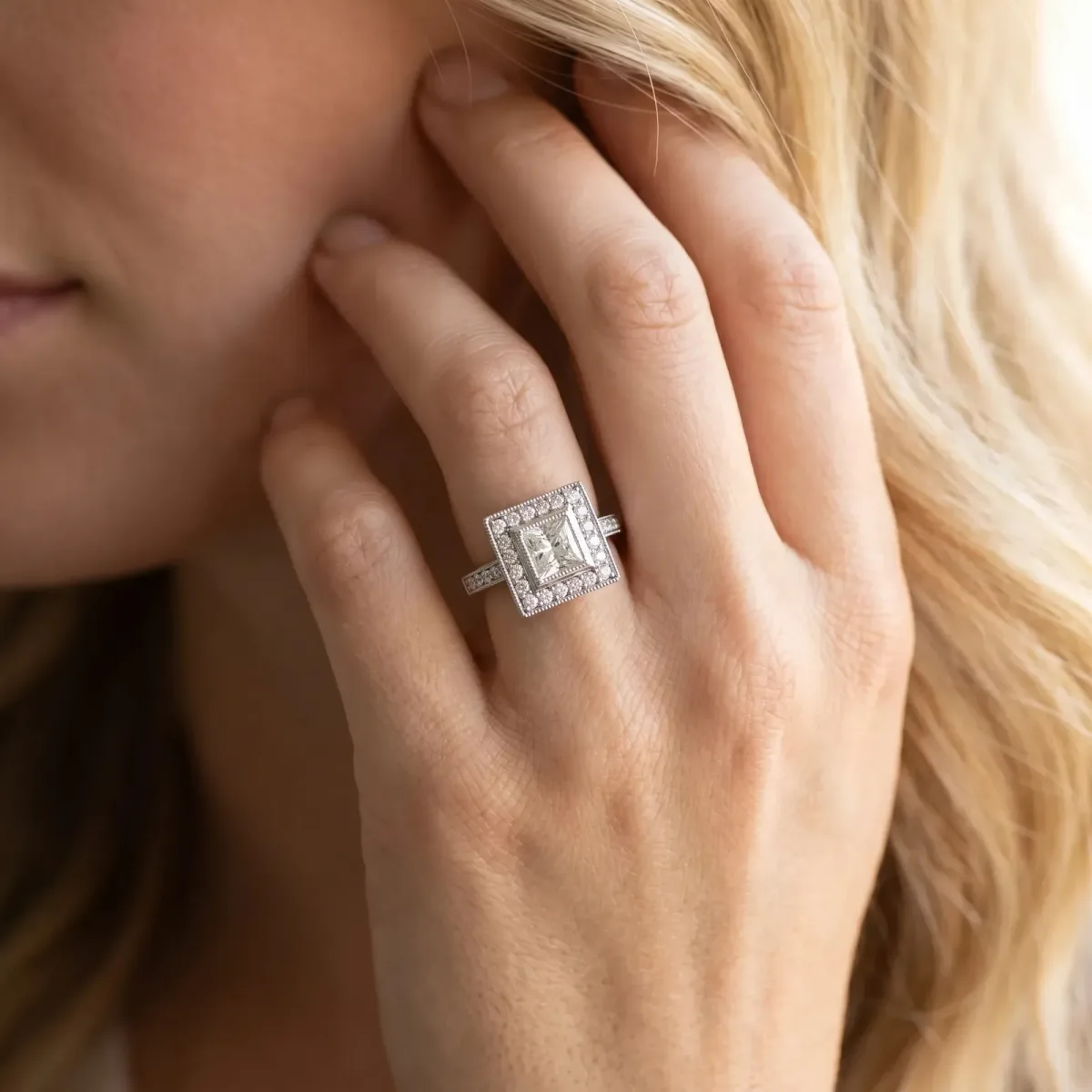 Princess Cut Cut Halo Pavé Diamond Ring Silver