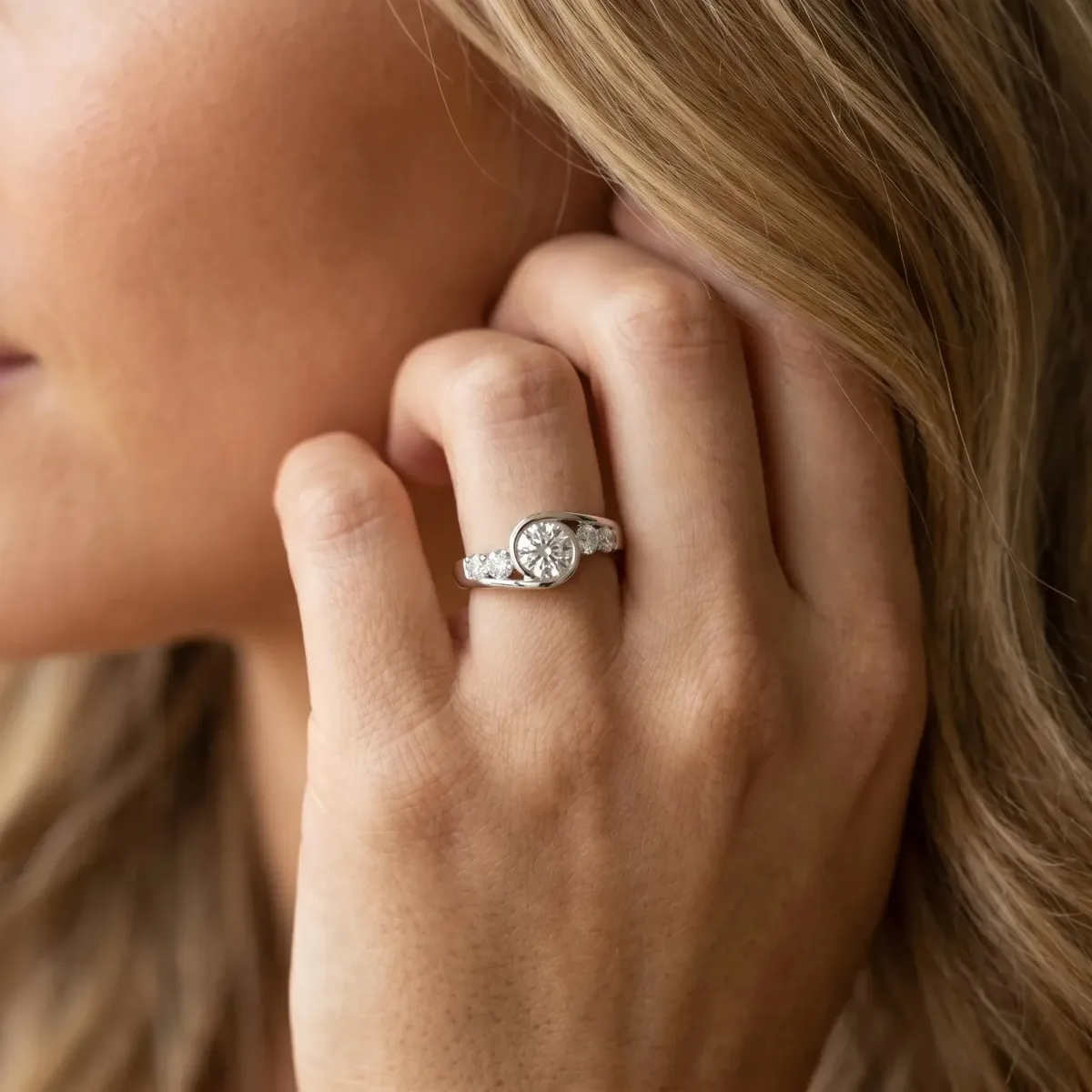 Bezel Set Round Cut Diamond Bypass Ring with Round Accents Silver