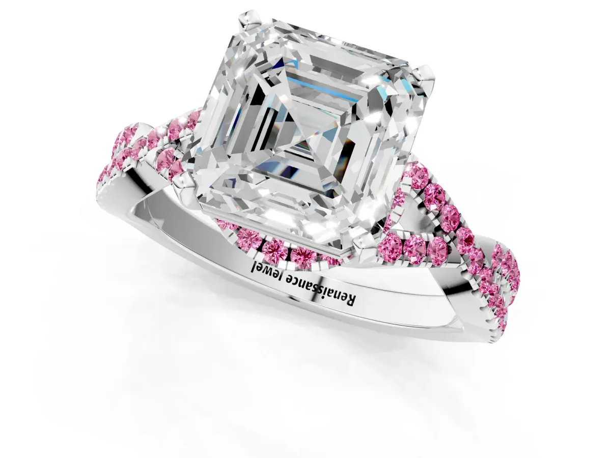 Asscher Cut Diamond Pink Sapphire Halo Twist Band Solitaire Prong Setting Ring White gold