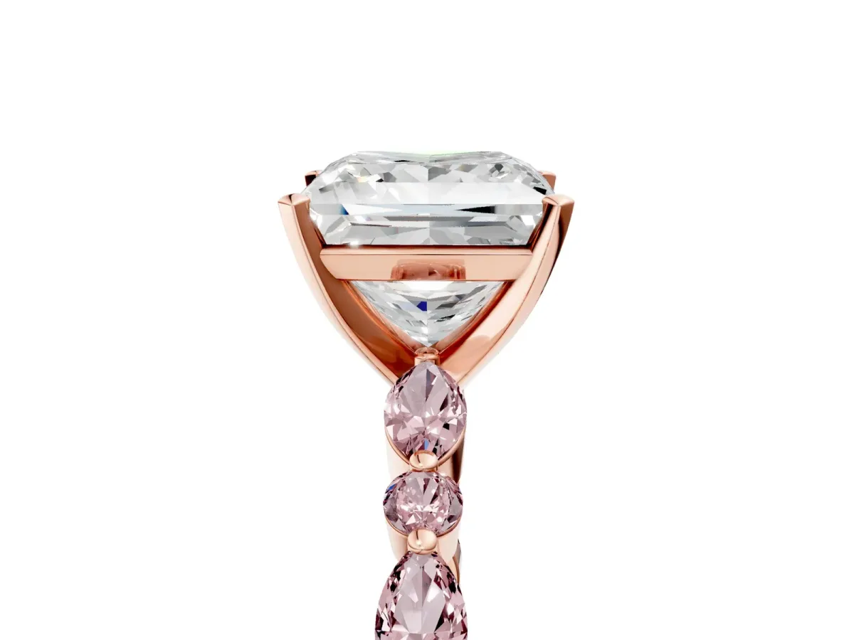 Princess Cut Diamond Ring with Marquise and Round Morganite Side Stones and Four-Prong Setting Rose gold