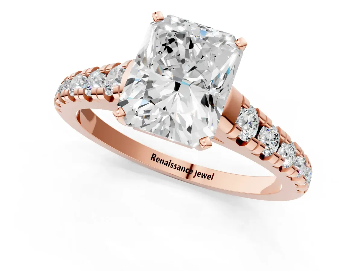 Radiant Cut Diamond Cathedral Solitaire Ring with Round Moissanite Pavé Band Rose gold