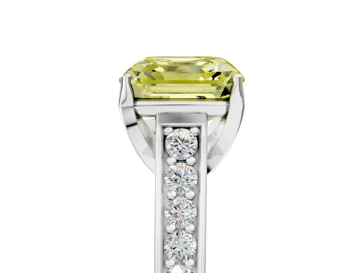 Fancy Yellow Asscher Cut Brilliant Cut Diamond Engagement Ring with Pavé Band and Four-Prong Setting Platinum