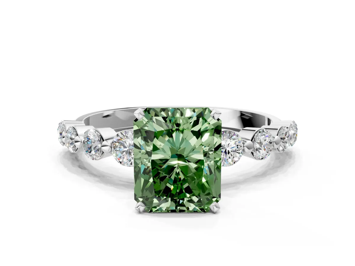 Fancy Green Radiant Cut Solitaire Diamond Ring with Pave Band and Four-Prong Setting Silver
