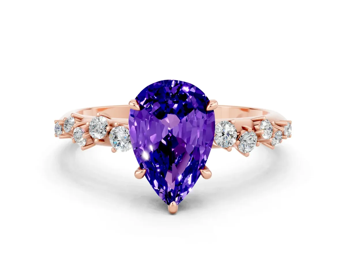 Pear Cut Tanzanite Cluster Side Stone Solitaire Ring with Prong Setting Rose gold
