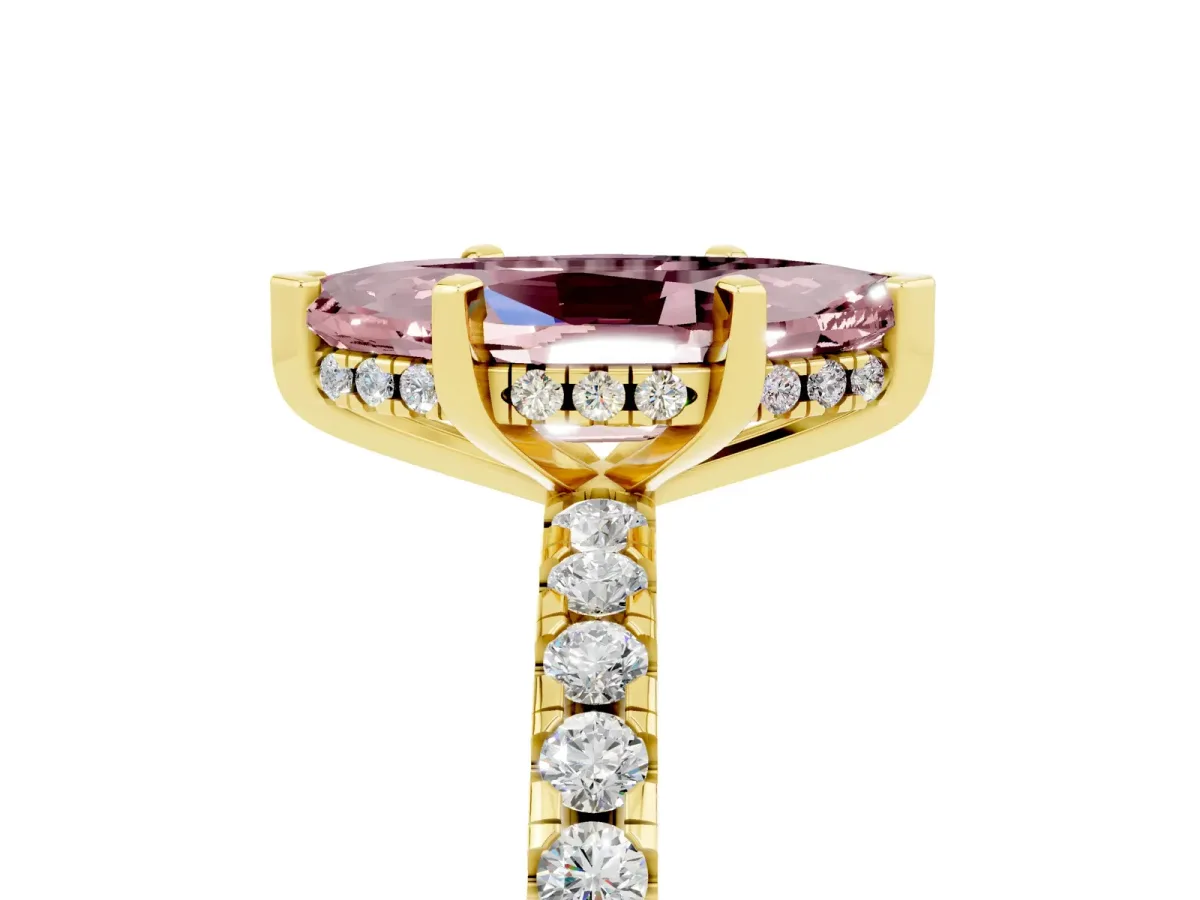 Marquise Cut Morganite Solitaire Ring with Round Pavé Band and Four-Prong Setting Yellow gold