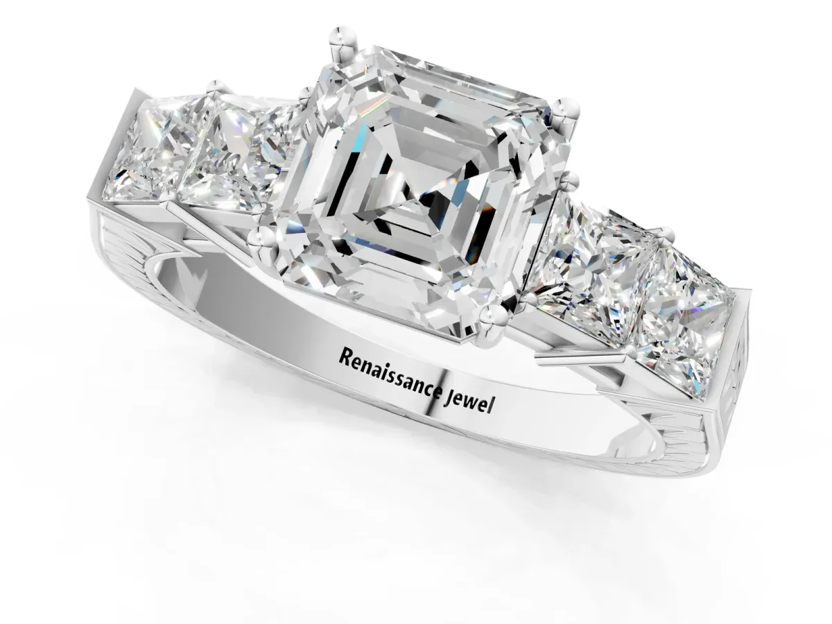Round Cut Solitaire Princess Side Stone Engraved Band Prong Setting Ring Platinum