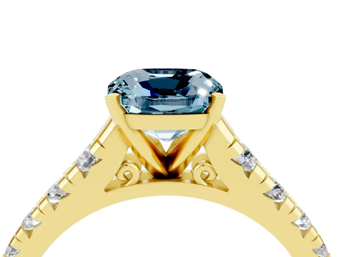 Cushion Cut Aquamarine Cathedral Solitaire Ring with Round Pavé Band Yellow gold