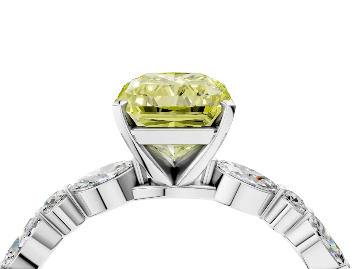 Fancy Yellow Radiant Cut Diamond Ring with Marquise and Round Side Stones and Four-Prong Setting White gold