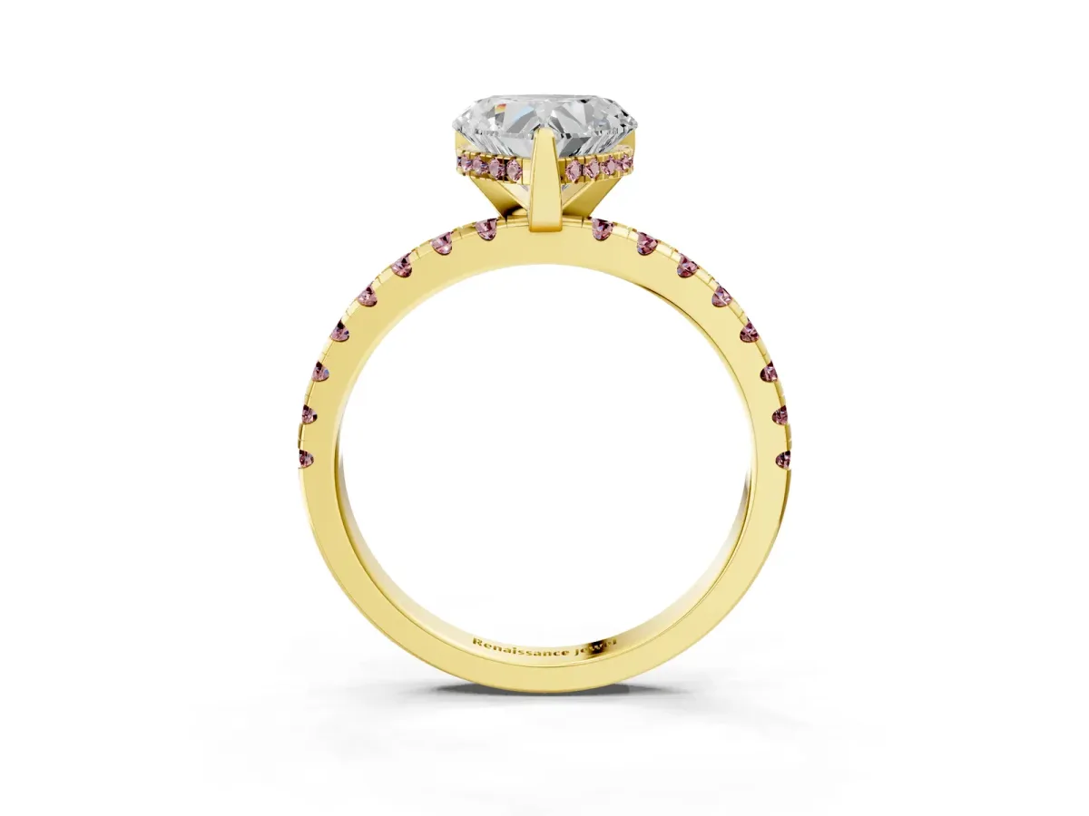 Heart Cut Diamond Solitaire Ring with Round Morganite Pavé Band and Four-Prong Setting Yellow gold