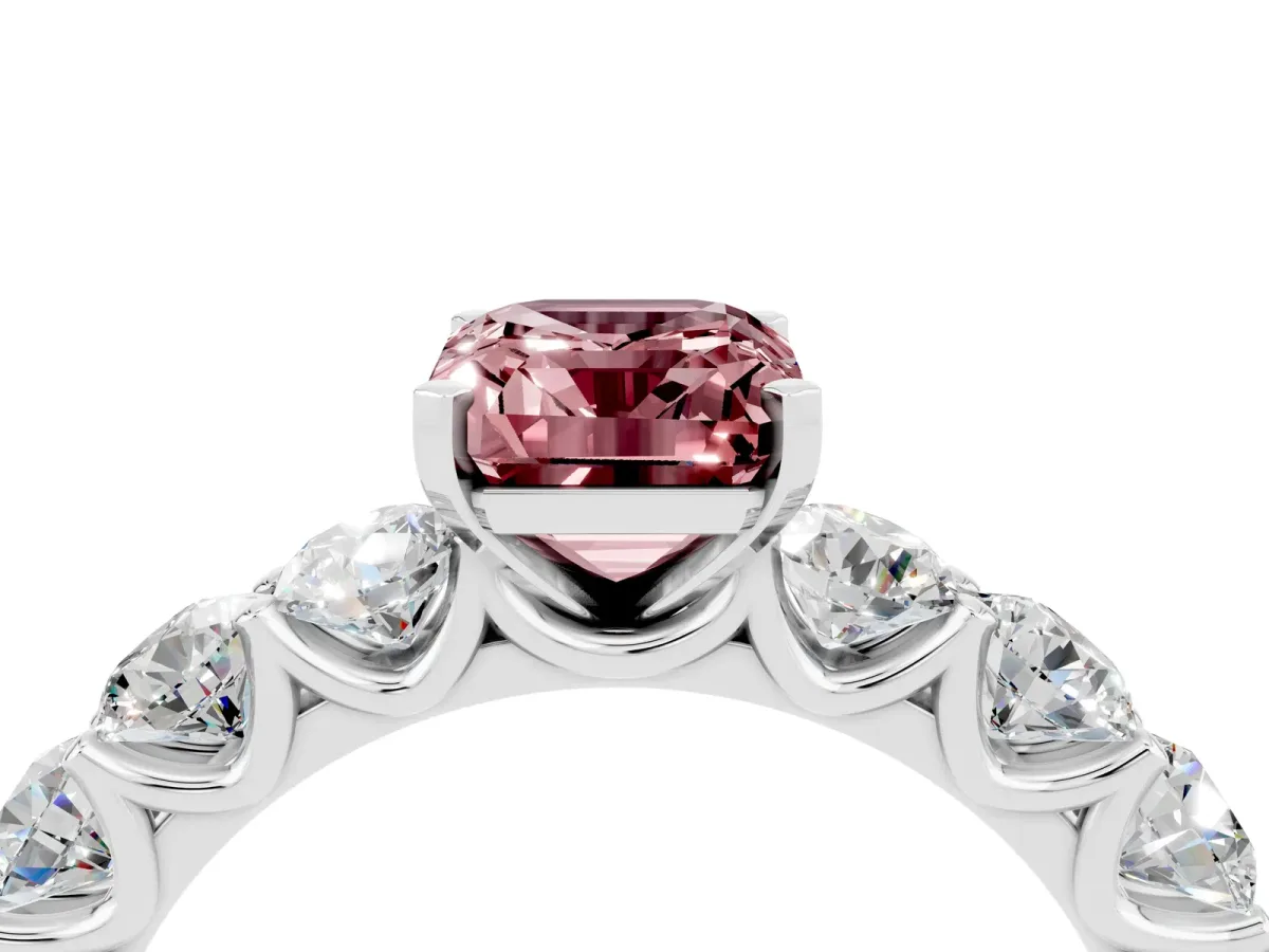Emerald Cut Morganite Prong Setting with Side Stones on a Pave Band Silver