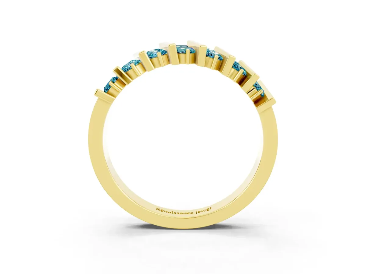 Channel Set Round Blue Topaz Anniversary Band with Vertical Prongs Yellow gold