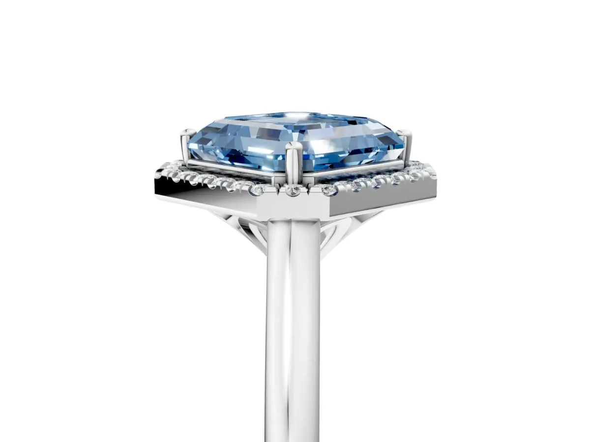 Fancy Blue Asscher Cut Halo Round Diamond Solitaire Engagement Ring with Pave Band and Four-Prong Setting Platinum