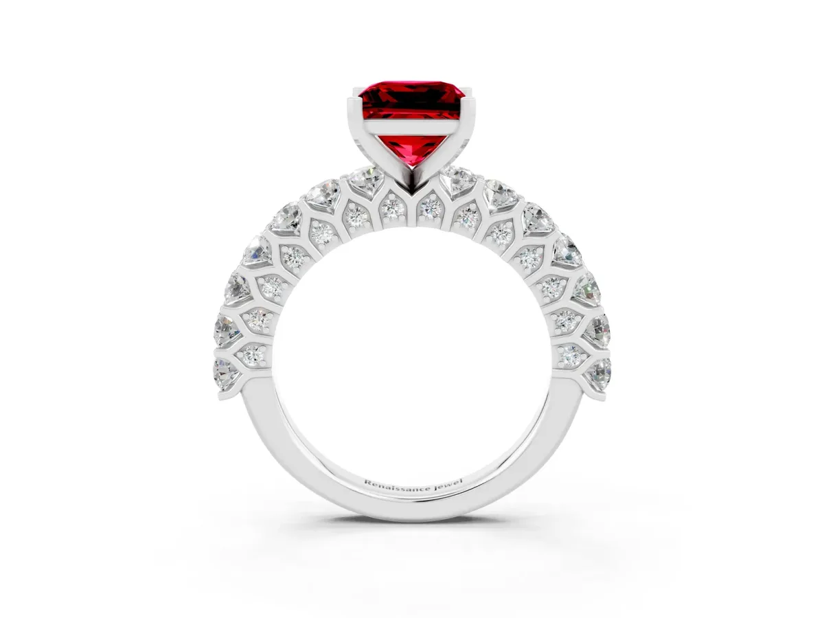 Princess Cut Ruby Solitaire Ring with Shared Prong Pavé Band and Four-Prong Setting White gold