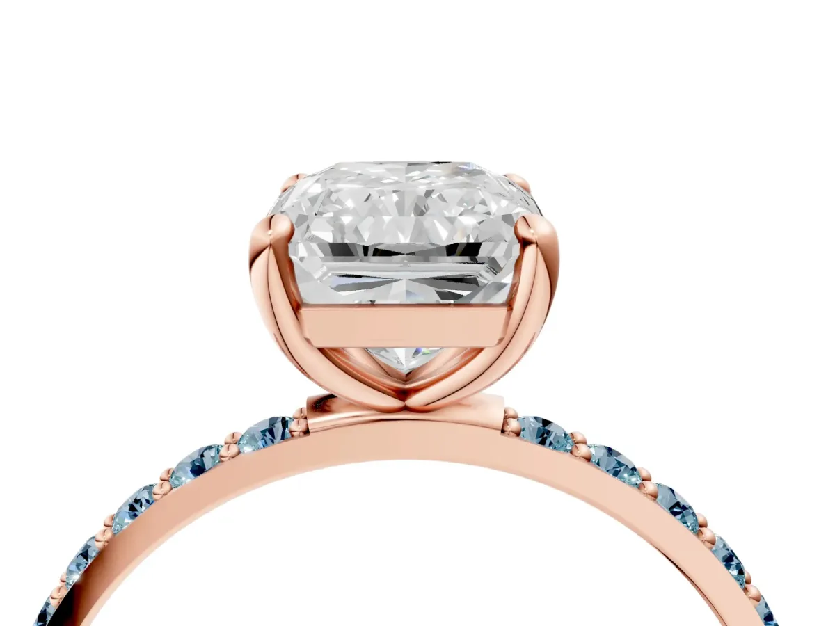Radiant Cut Diamond Solitaire Ring with Round Aquamarine Pavé Band and Prong Setting Rose gold