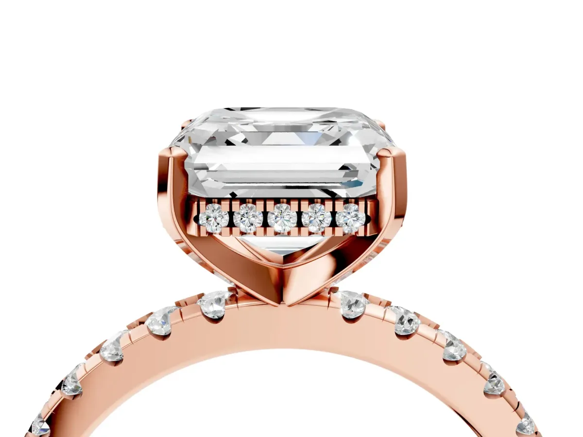 Asscher Cut Diamond Solitaire Ring with Round Moissanite Pavé Band and Four-Prong Setting Rose gold