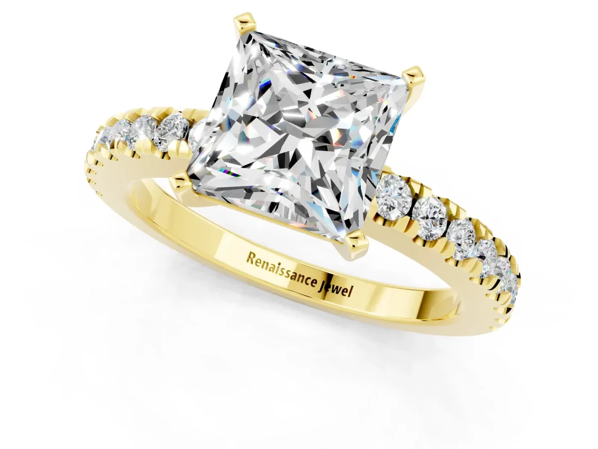 Princess Cut Solitaire Moissanite with Pavé Band and Four-Prong Setting Yellow gold