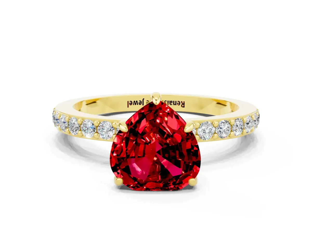 Heart Cut Ruby Solitaire Engagement Ring with Pavé Band and Four-Prong Setting Yellow gold