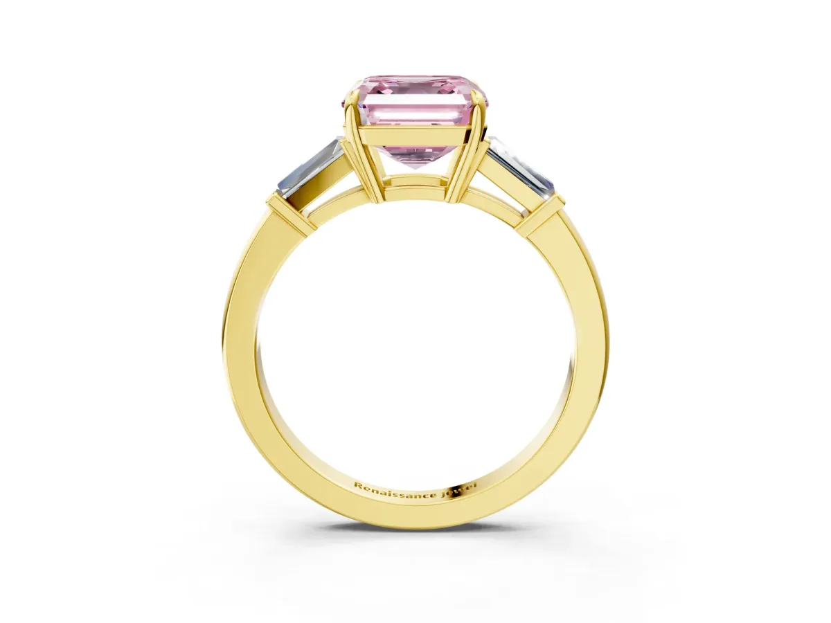 Fancy Pink Asscher Cut Diamond Three-Stone Ring with Tapered Baguette Side Stones and Prong Setting Yellow gold