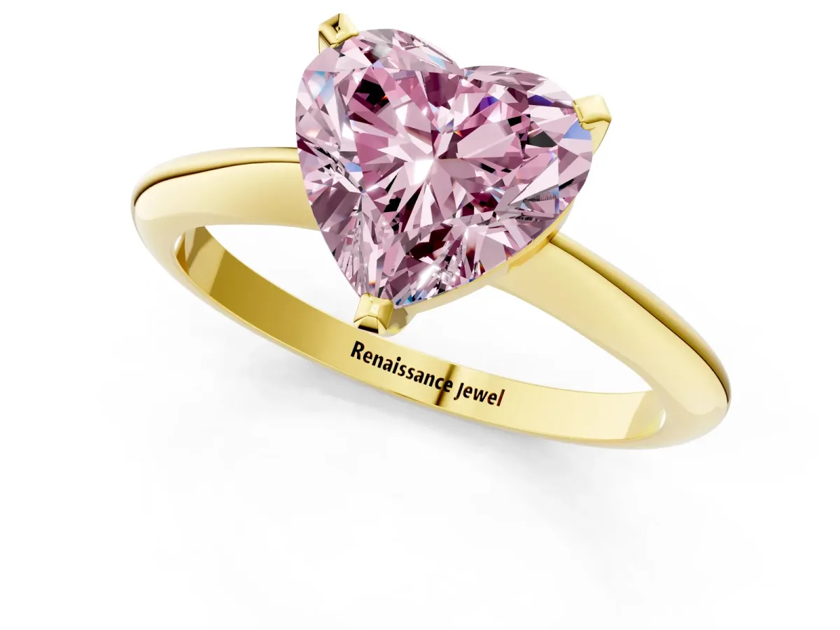 Fancy Pink Heart Cut Diamond Solitaire Engagement Ring with Classic Band and Four-Prong Setting Yellow gold