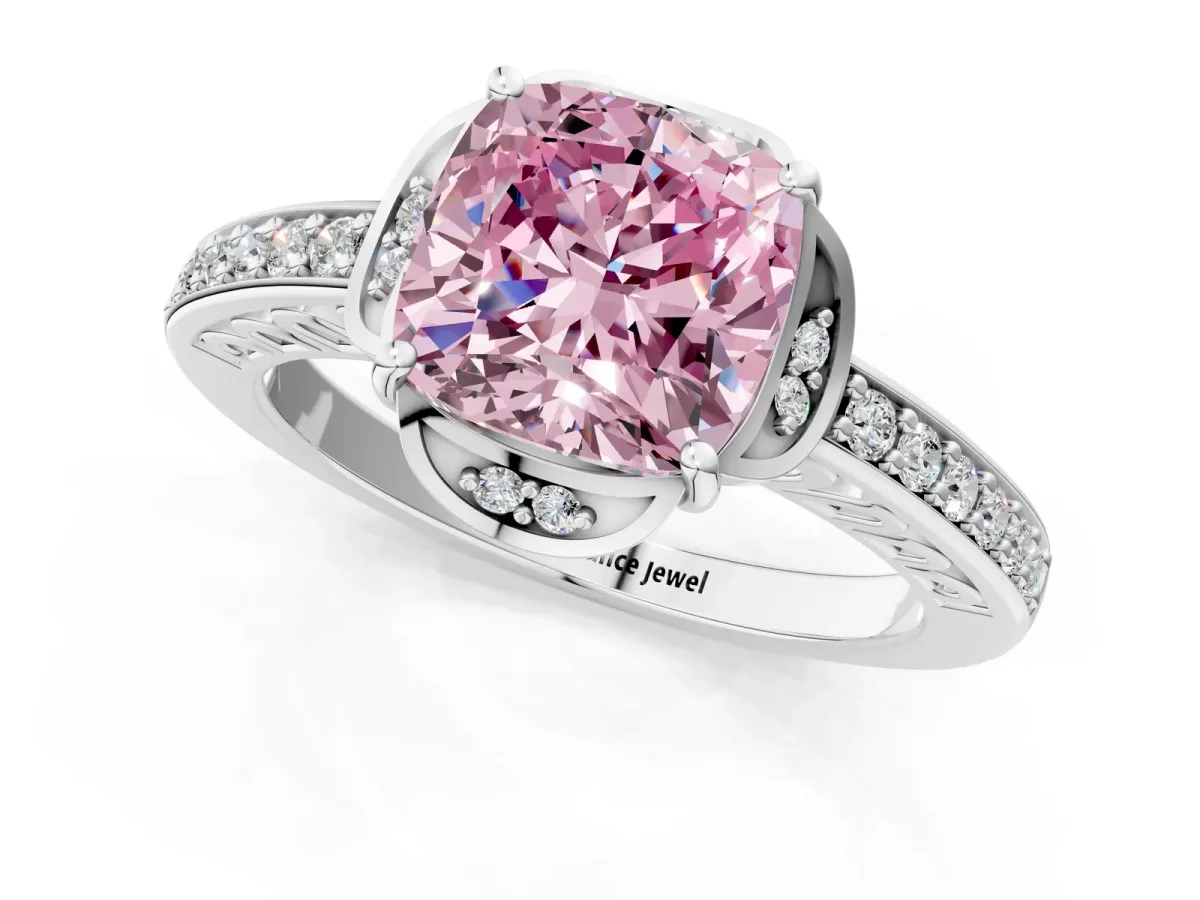 Fancy Pink Cushion Cut Cut Halo Diamond Ring with Channel Set Band and Four-Prong Setting White gold