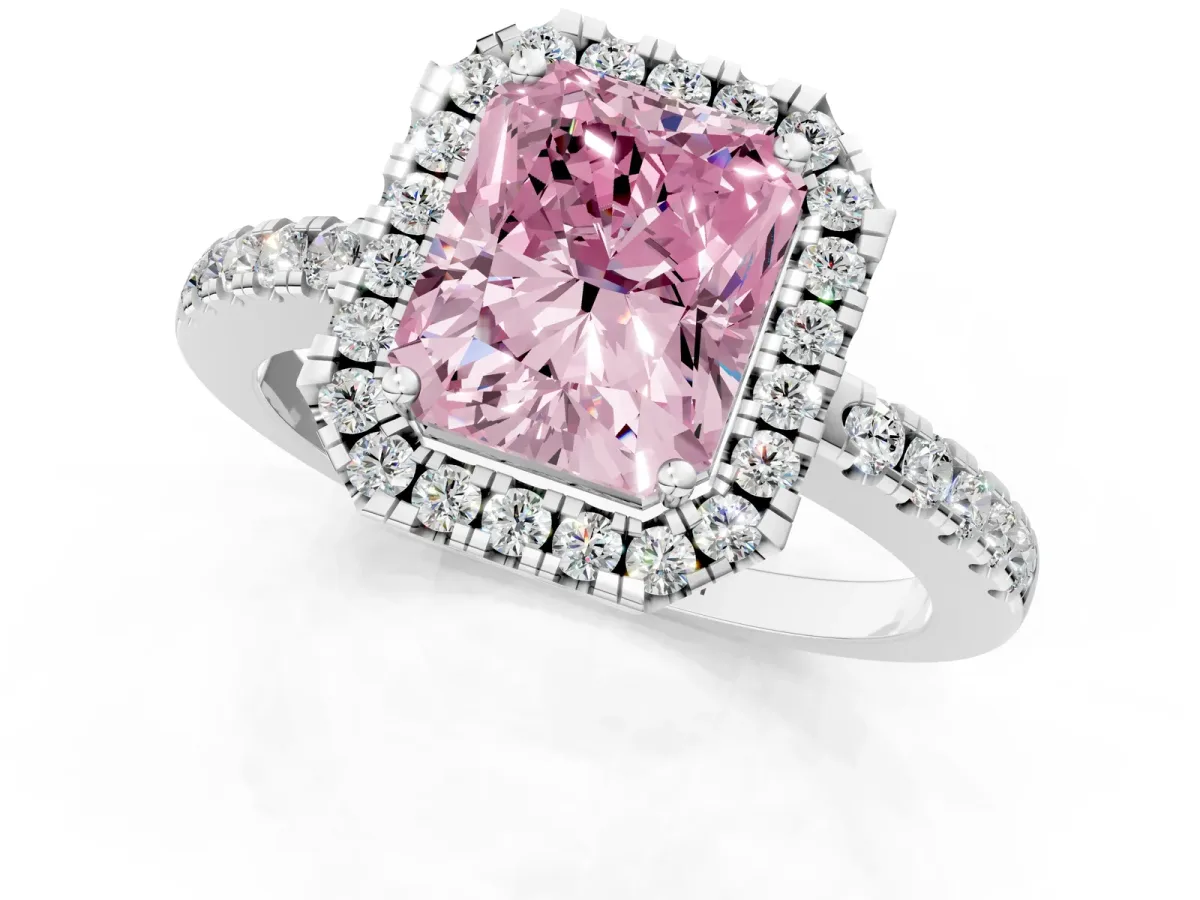 Fancy Pink Radiant Cut Halo Diamond Engagement Ring with Pavé Band and Four-Prong Setting Platinum