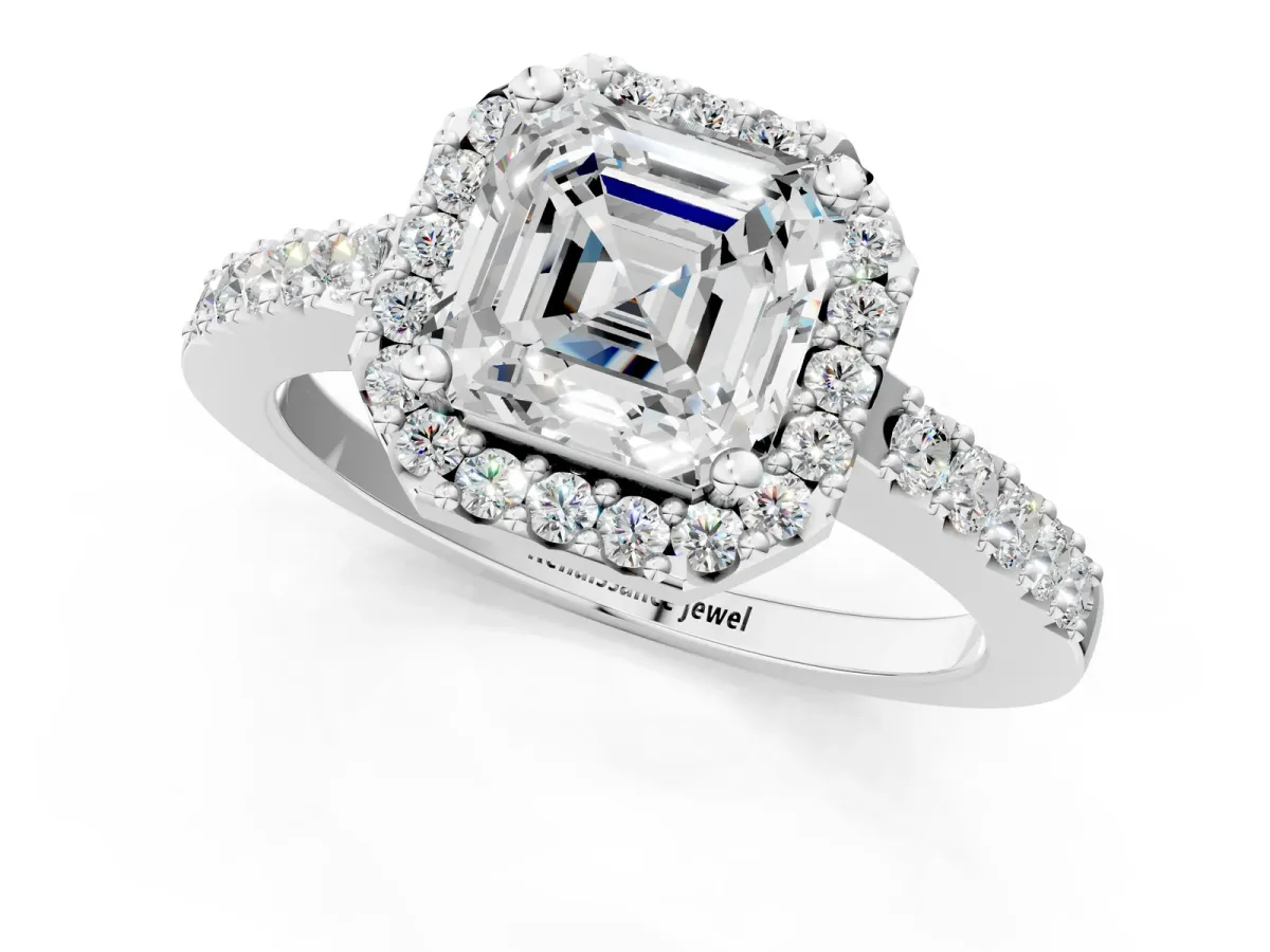 Asscher Cut Halo Diamond Pavé Solitaire Ring Silver