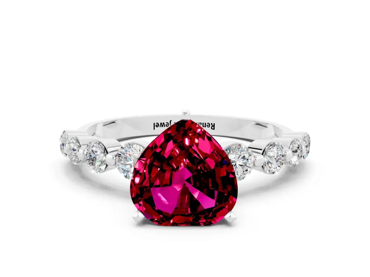 Heart Cut Solitaire Garnet Ring with Pave Band and Four-Prong Setting Silver