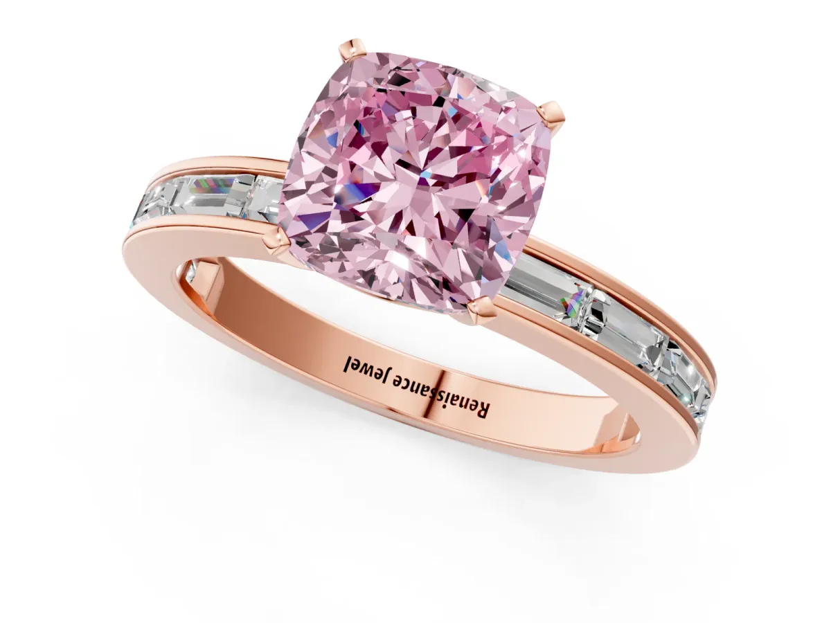 Fancy Pink Cushion Cut Solitaire Diamond Ring with Channel-Set Baguette Band and Four-Prong Setting Rose gold
