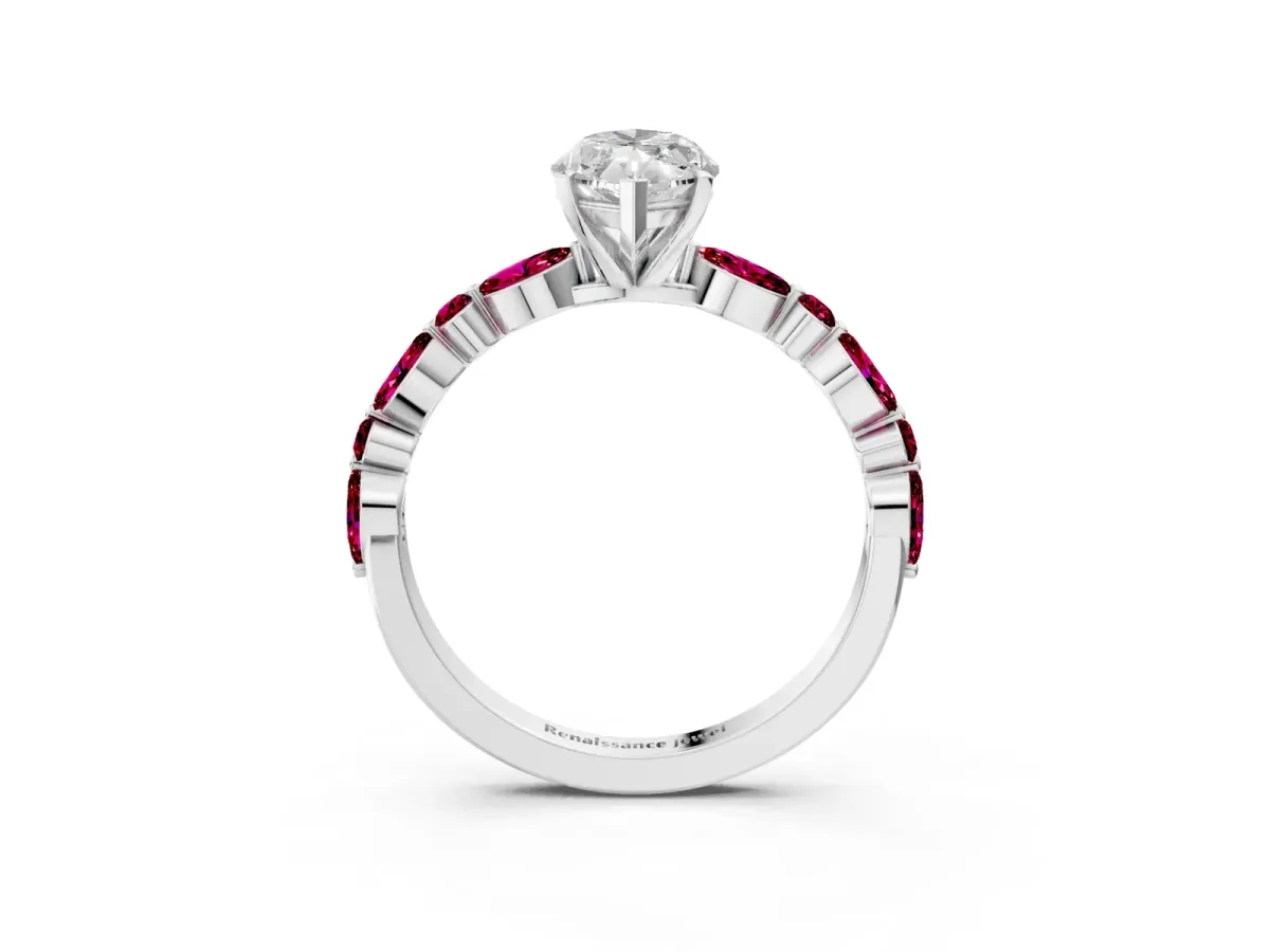 Marquise Cut Diamond Ring with Marquise and Round Garnet Side Stones and Four-Prong Setting White gold