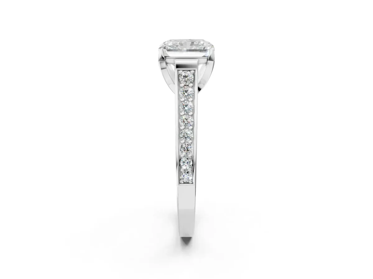 Radiant Cut Brilliant Cut Diamond Engagement Ring with Pavé Band and Four-Prong Setting Platinum