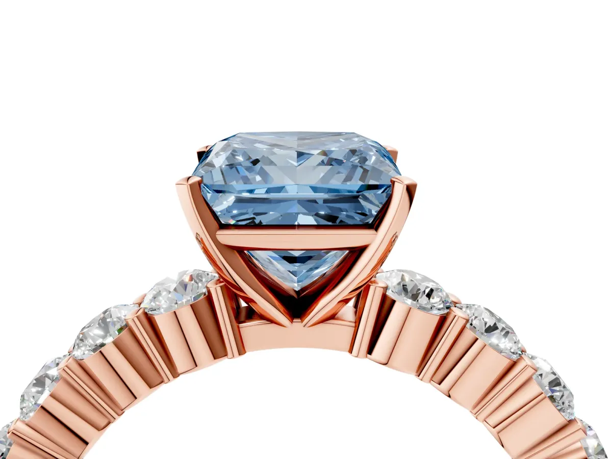Fancy Blue Princess Cut Diamond Solitaire Ring with Shared Prong Round Side Stones Rose gold