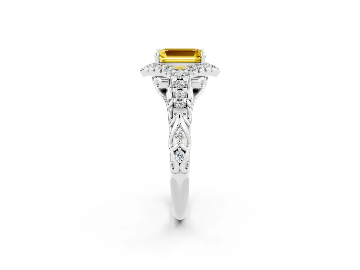 Emerald Cut Yellow Sapphire Solitaire Ring with Hidden Halo and Pavé Band White gold