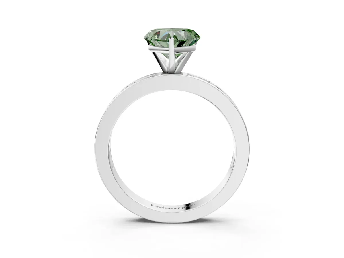 Fancy Green Heart Cut Solitaire Diamond Ring with Channel-Set Baguette Band and Four-Prong Setting White gold