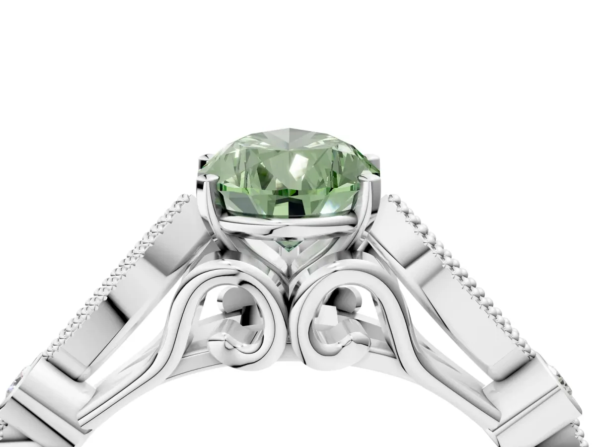 Fancy Green Pear Cut Cut Diamond with Milgrain Marquise and Bezel Accents on a Solitaire Band with Prong Setting Silver