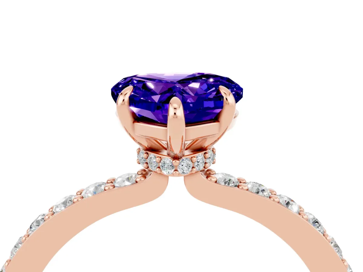 Heart Cut Tanzanite Solitaire Engagement Ring with Pavé Band and Four-Prong Setting Rose gold