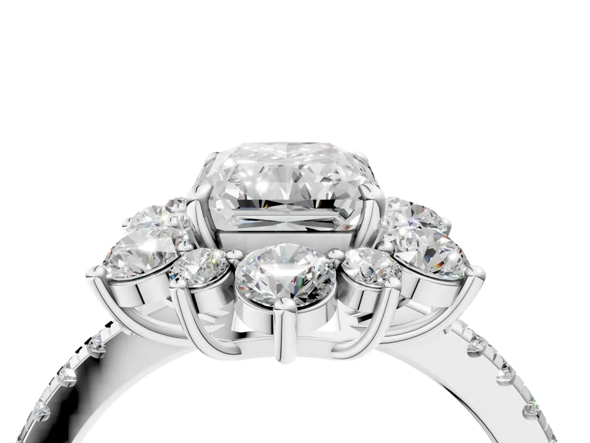 Radiant Cut Diamond Floral Halo Ring with Round Pavé Band and Prong Setting Platinum
