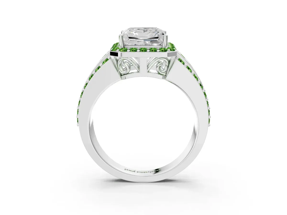 Princess Cut Halo Diamond Ring with Round Peridot Split Shank and Prong Setting White gold