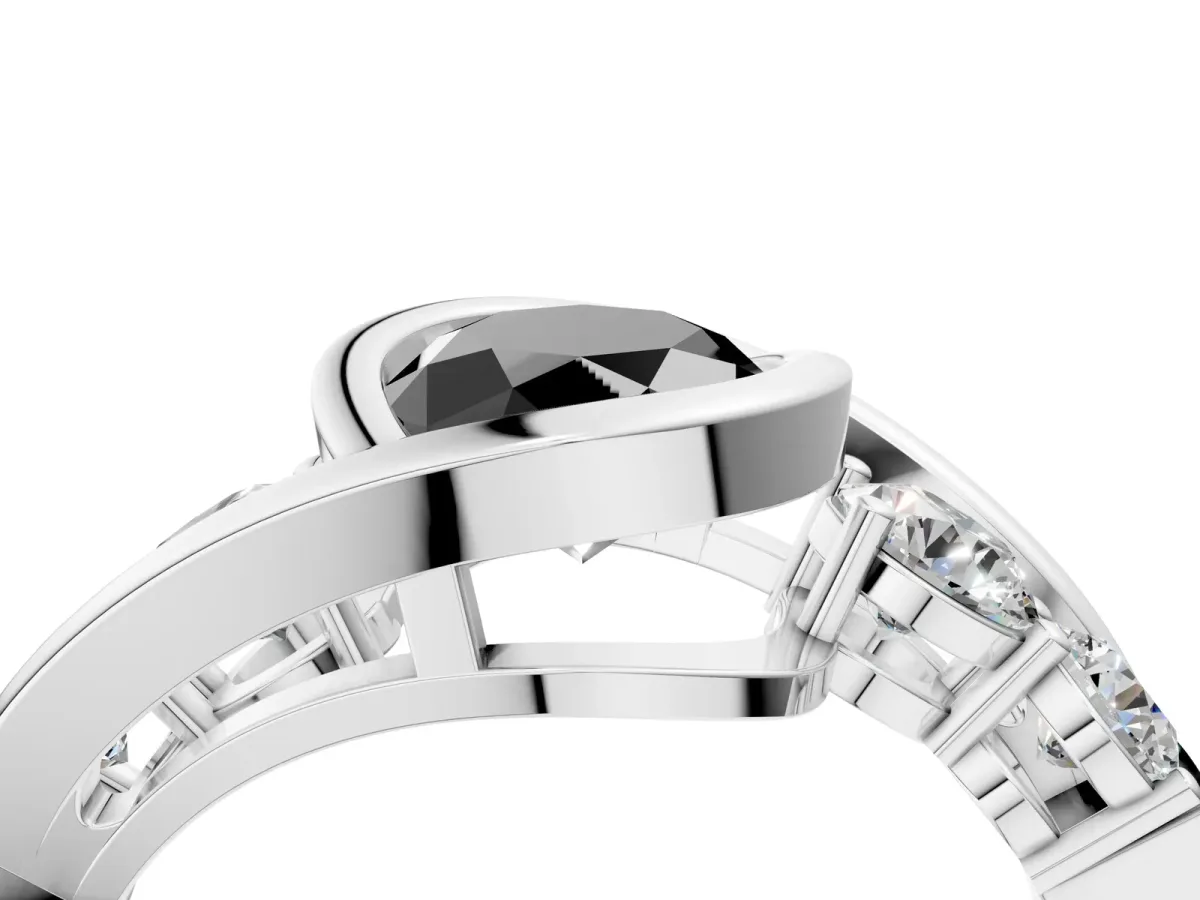 Fancy Black Bezel Set Oval Cut Diamond Bypass Ring with Round Accents Silver