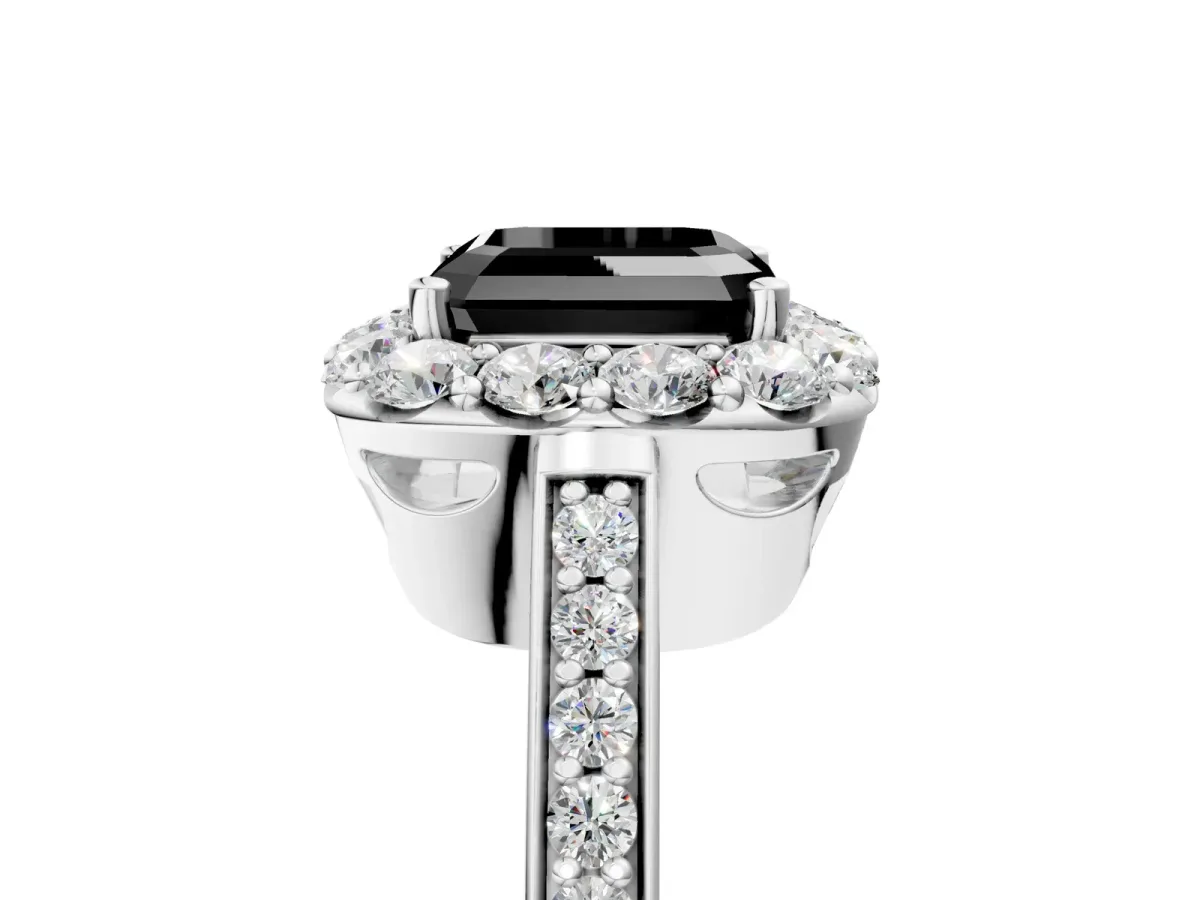 Fancy Black Asscher Cut Diamond Floral Halo Ring with Pavé Band and Prong Setting Platinum