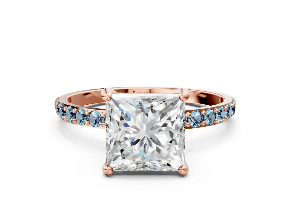 Princess Cut Diamond Solitaire Ring with Round Aquamarine Pavé Band and Prong Setting Rose gold