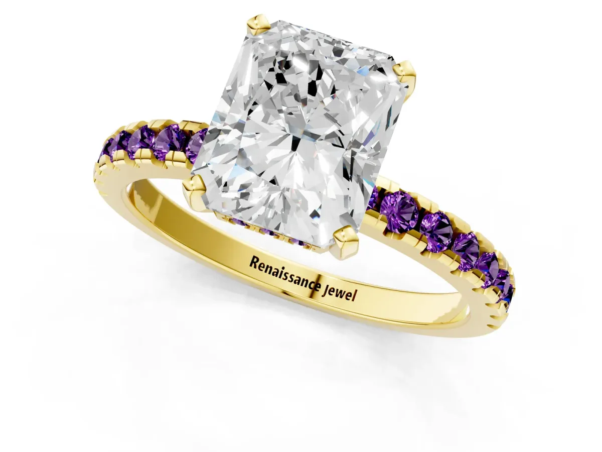 Radiant Cut Diamond Solitaire Ring with Round Amethyst Pavé Band and Four-Prong Setting Yellow gold
