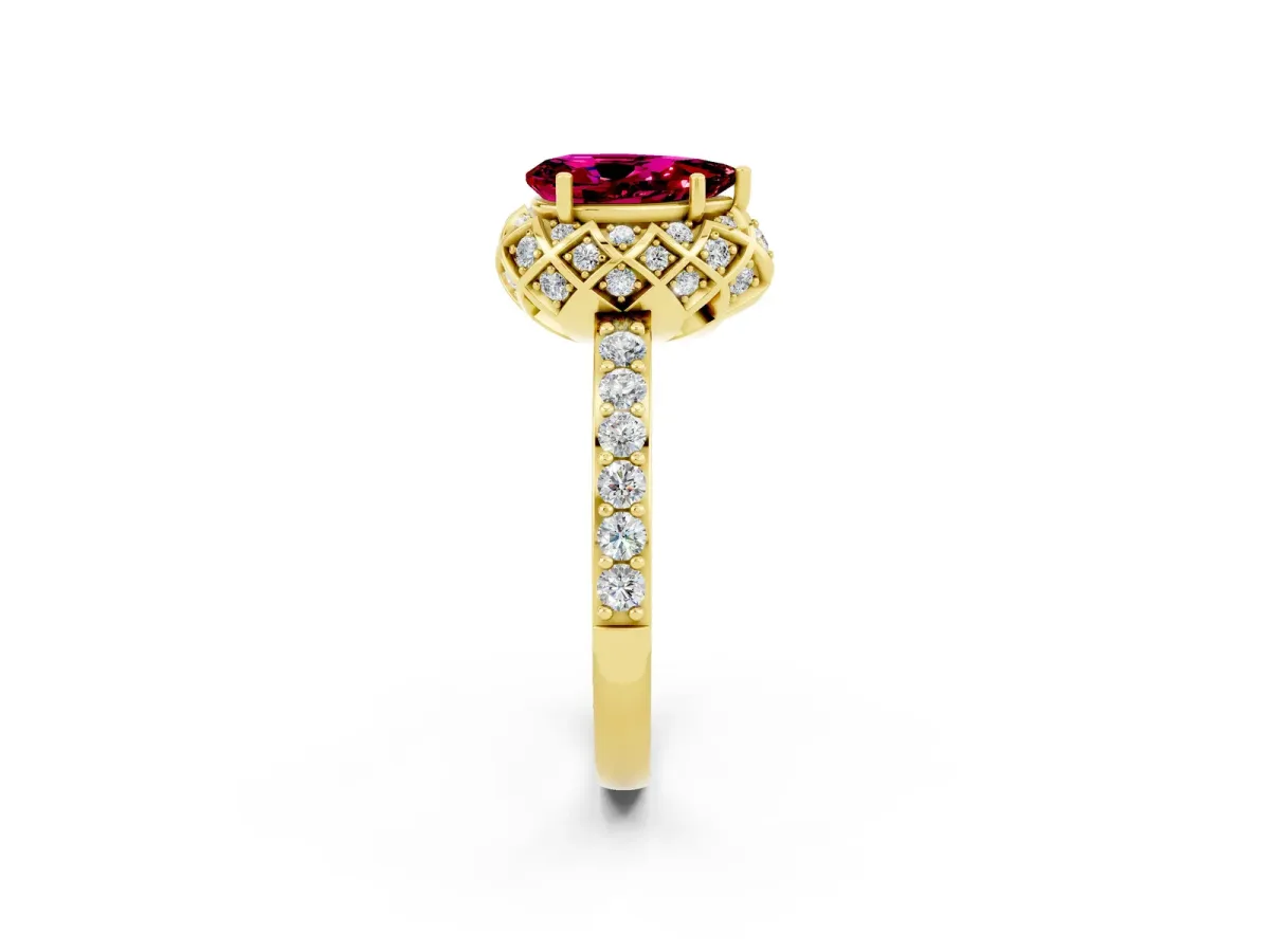 Pear Cut Garnet Scalloped Halo Engagement Ring with Round Shared Prong Band Yellow gold