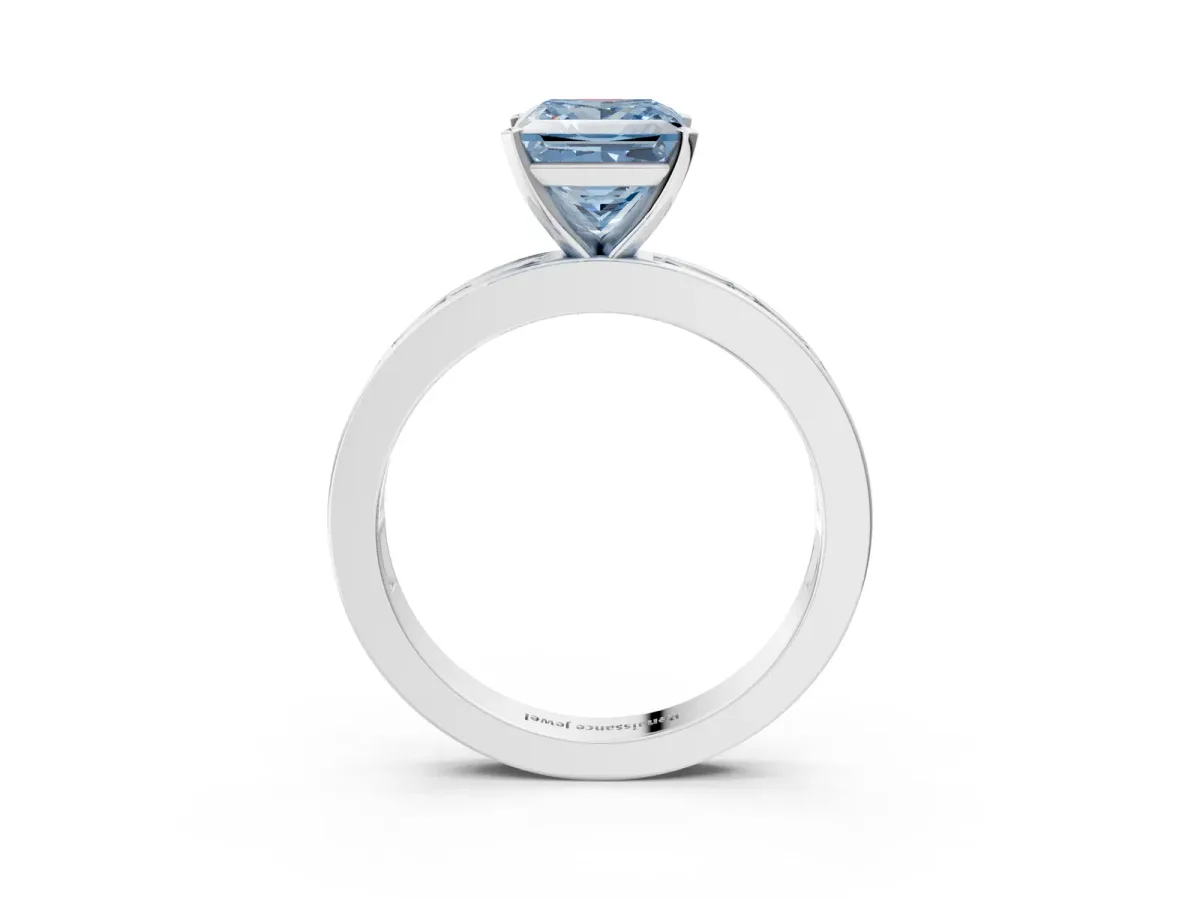 Fancy Blue Princess Cut Solitaire Diamond Ring with Channel-Set Baguette Band and Four-Prong Setting White gold