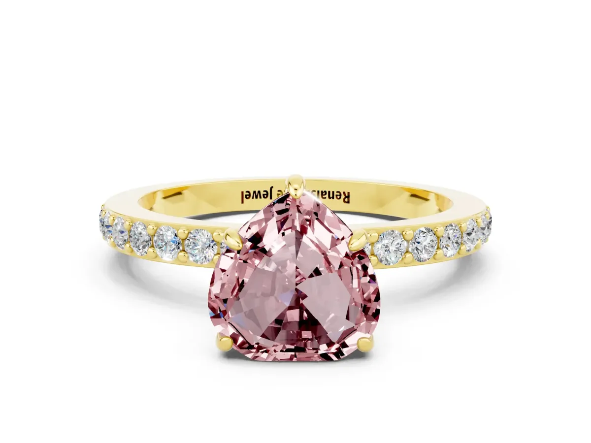 Heart Cut Morganite Solitaire Engagement Ring with Pavé Band and Four-Prong Setting Yellow gold