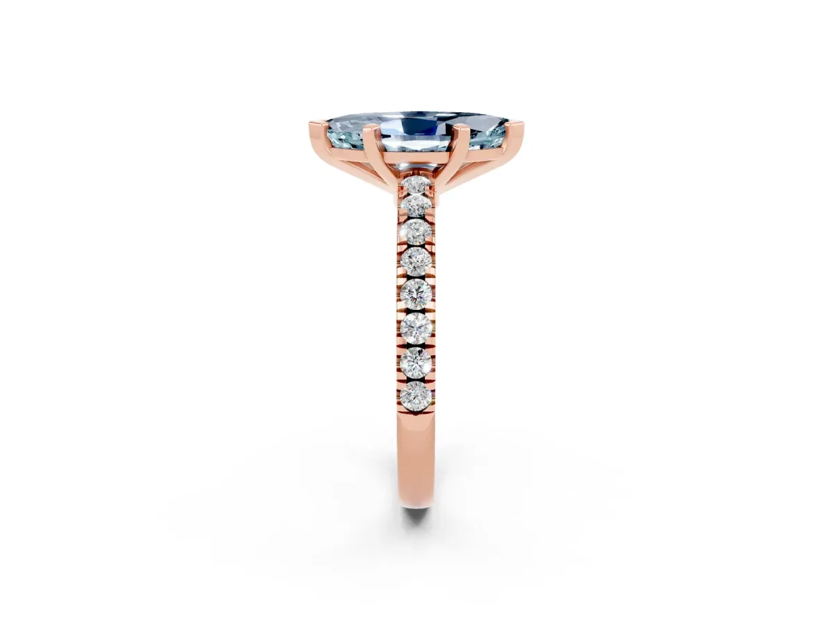 Marquise Cut Solitaire Aquamarine with Pavé Band and Four-Prong Setting Rose gold