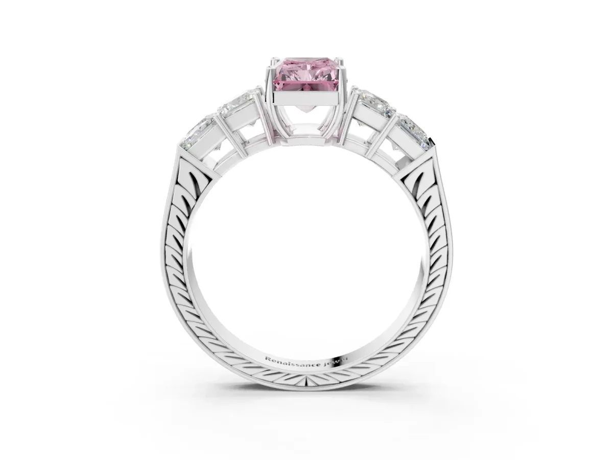 Fancy Pink Radiant Cut Solitaire Princess Side Stone Engraved Band Prong Setting Ring Silver